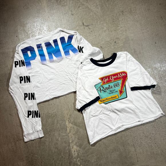 Hanes Tops - Y2K Victoria’s Secret PINK Long Sleeve + Route 66 Ringer Cropped Bundle Medium